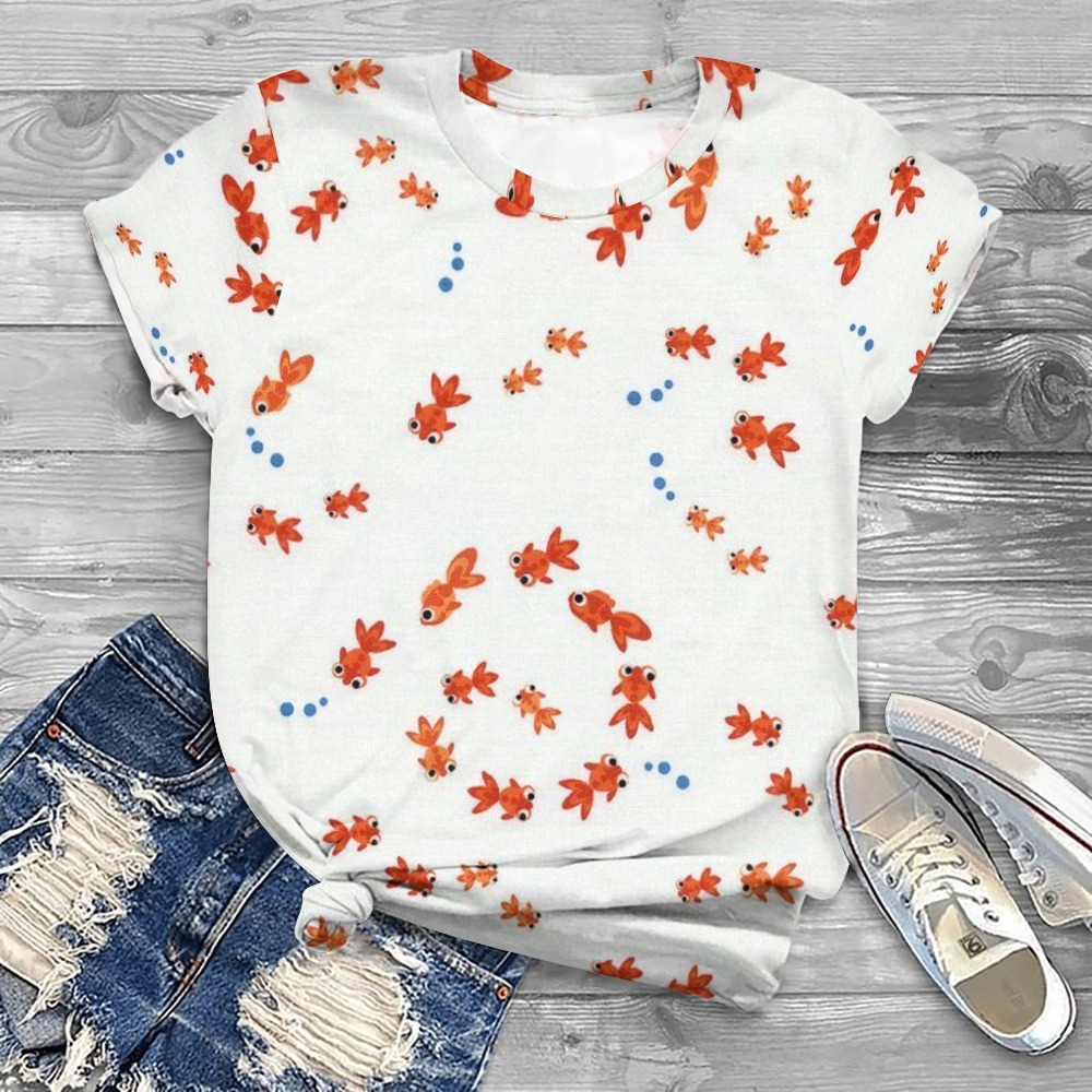 Women's V-neck Little Goldfish Printed  Short Sleeve T-shirt