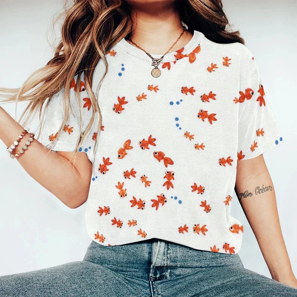 Women's Little Goldfish Printed Round Neck T-Shirt