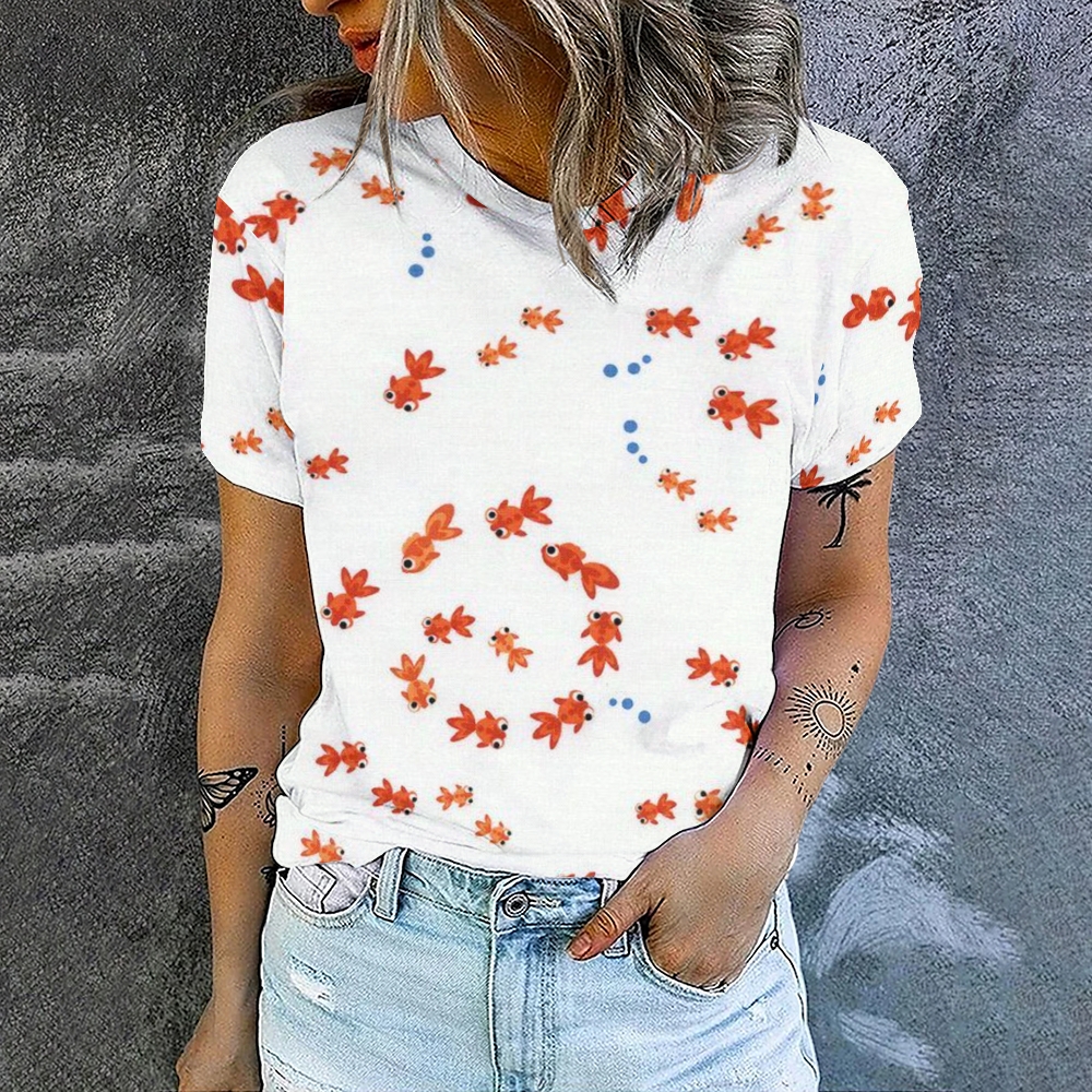 Women's Little Goldfish Printed Round Neck T-Shirt