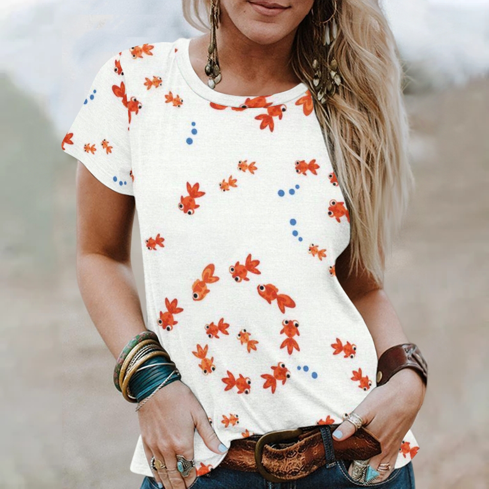 Women's Little Goldfish Printed Round Neck T-Shirt