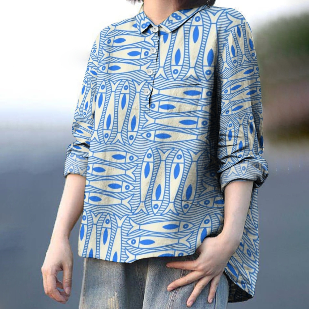 Women's Sardines Printed Casual Long Sleeve Shirt