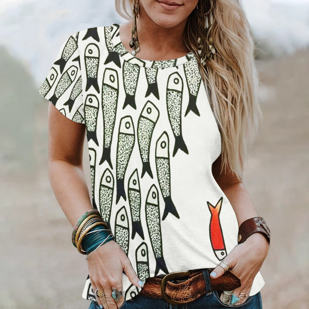 Women's Sardines Printed Round Neck T-Shirt
