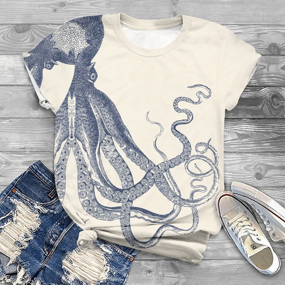 Women's Octopus Printed Round Neck T-Shirt