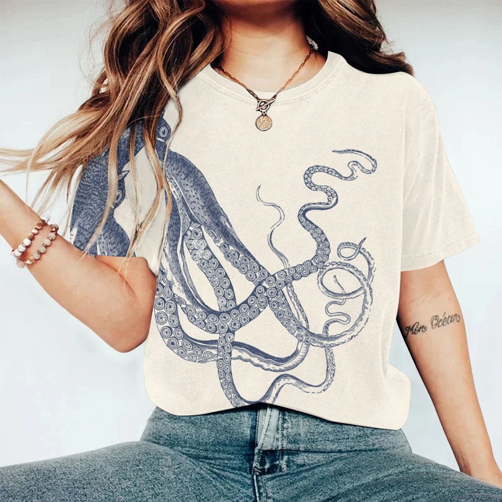 Women's Octopus Printed Round Neck T-Shirt