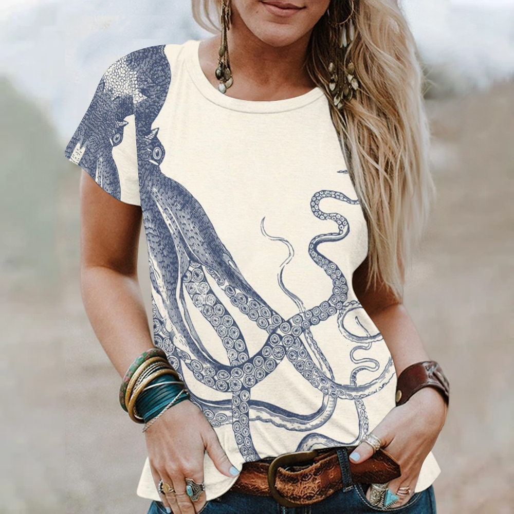 Women's Octopus Printed Round Neck T-Shirt