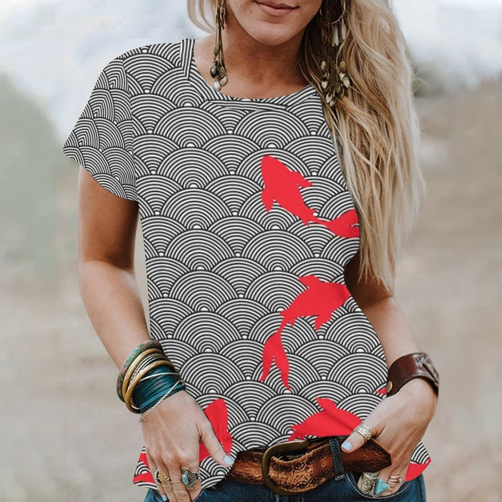 Women's Wave Koi Printed Round Neck T-Shirt
