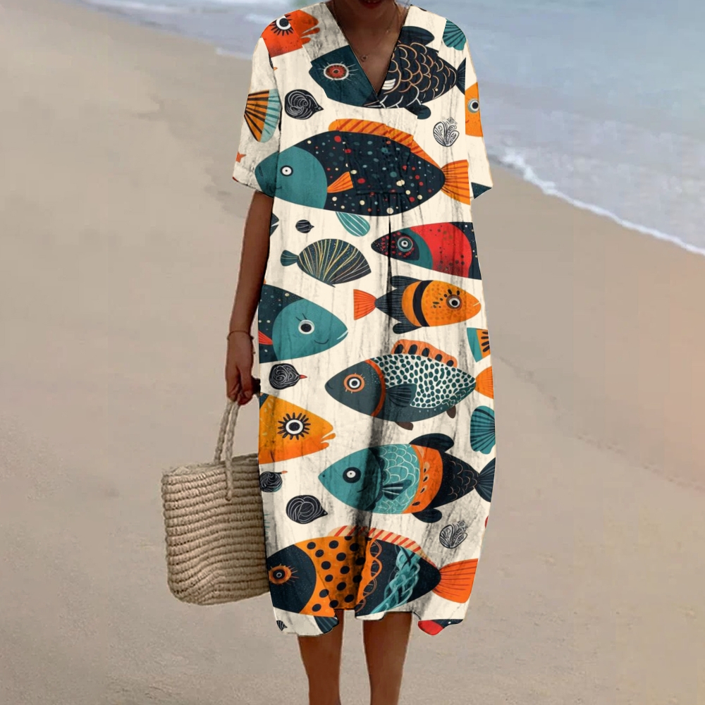 Women's Colorful Fish Printed Flowy Dress