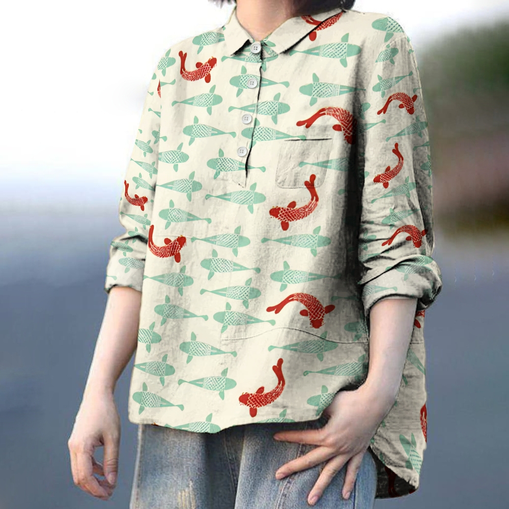 Women's Koi Printed Casual Long Sleeve Shirt