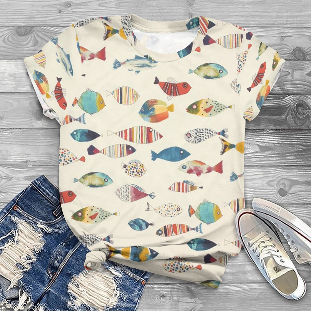 Women's Colorful Geometric Fish Printed Round Neck T-Shirt