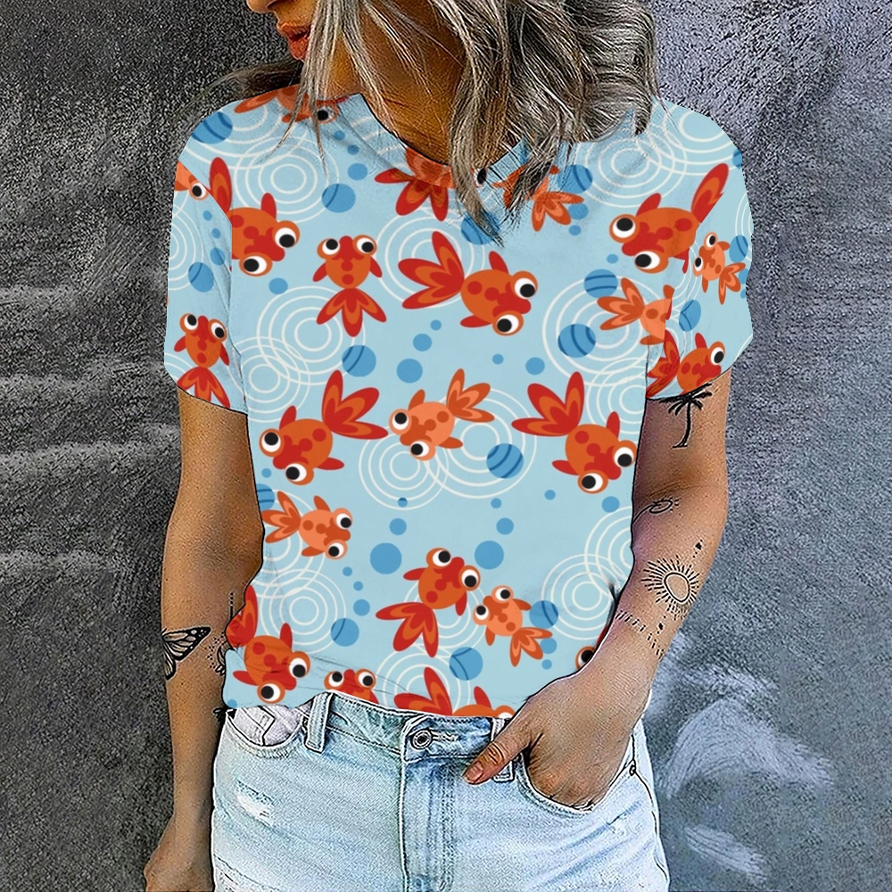 Women's Little Goldfish Printed Round Neck T-Shirt