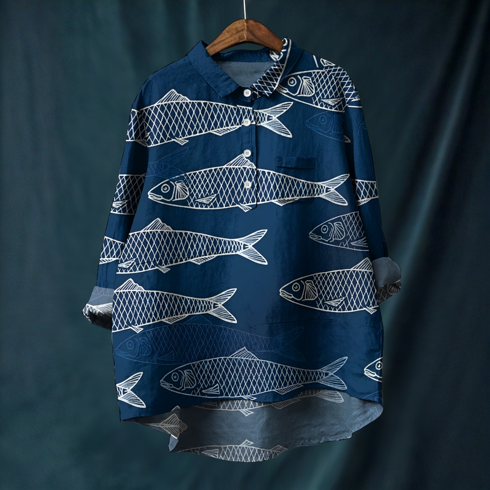 Women's Geometric Fish Printed Casual Long Sleeve Shirt
