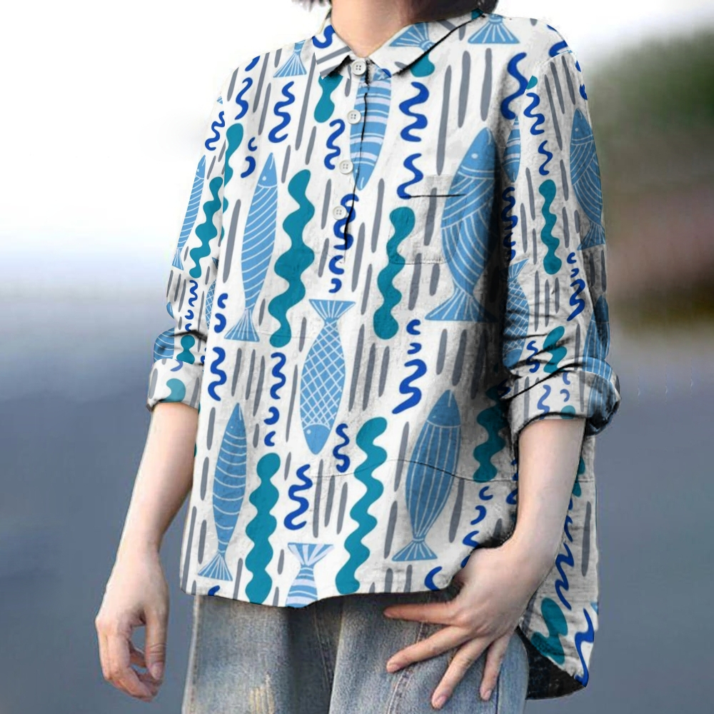 Women's Geometric Fish Printed Casual Long Sleeve Shirt