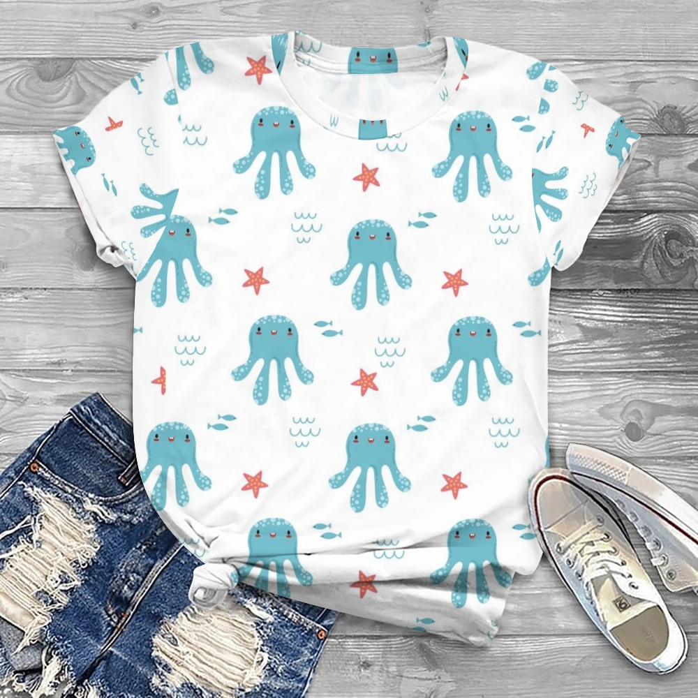 Women's Cartoon Octopus Printed Round Neck T-Shirt