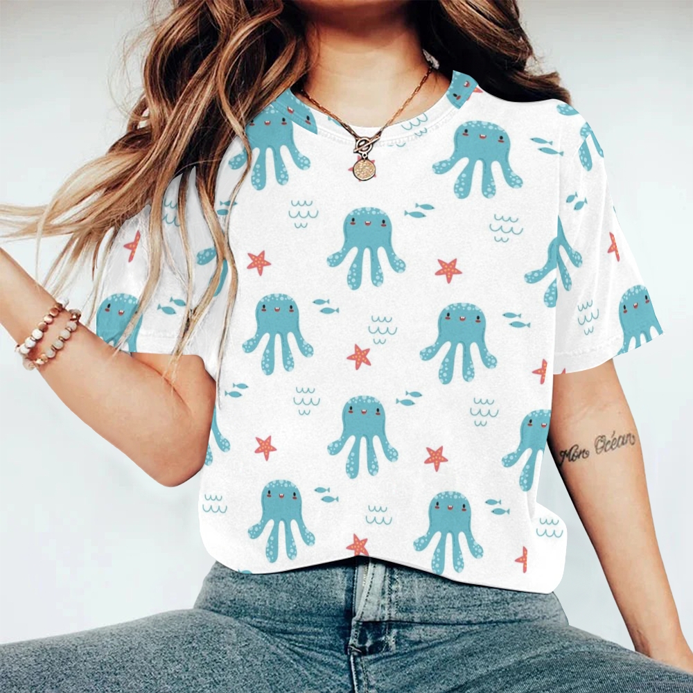 Women's Cartoon Octopus Printed Round Neck T-Shirt