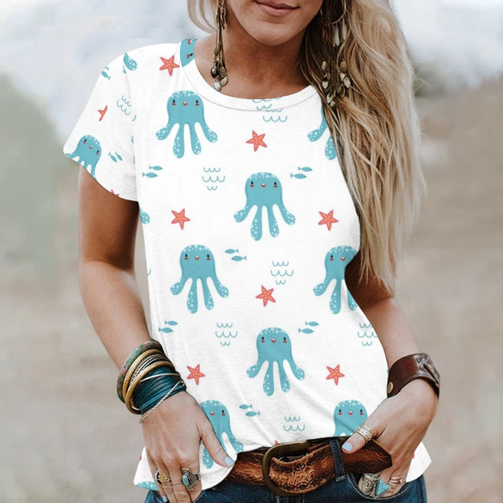 Women's Cartoon Octopus Printed Round Neck T-Shirt
