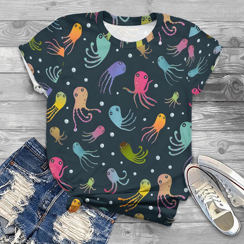 Women's Cartoon Octopus Printed Round Neck T-Shirt