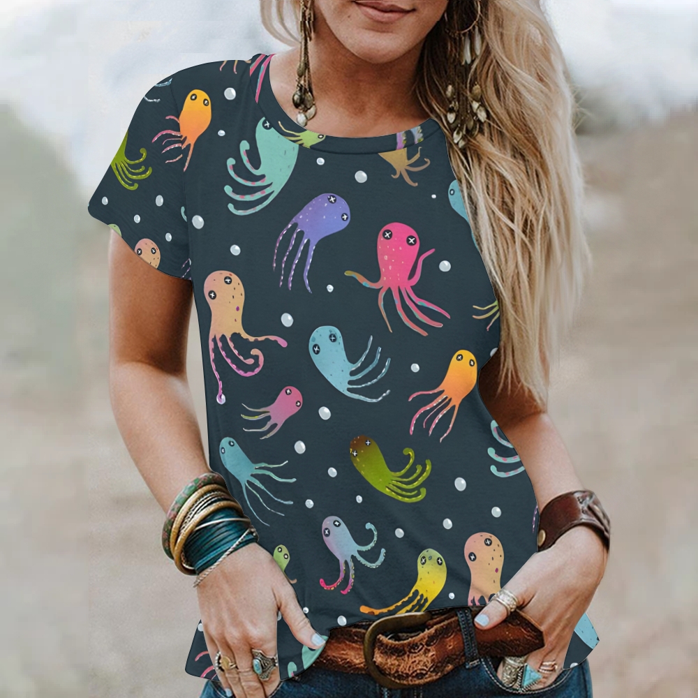 Women's Cartoon Octopus Printed Round Neck T-Shirt