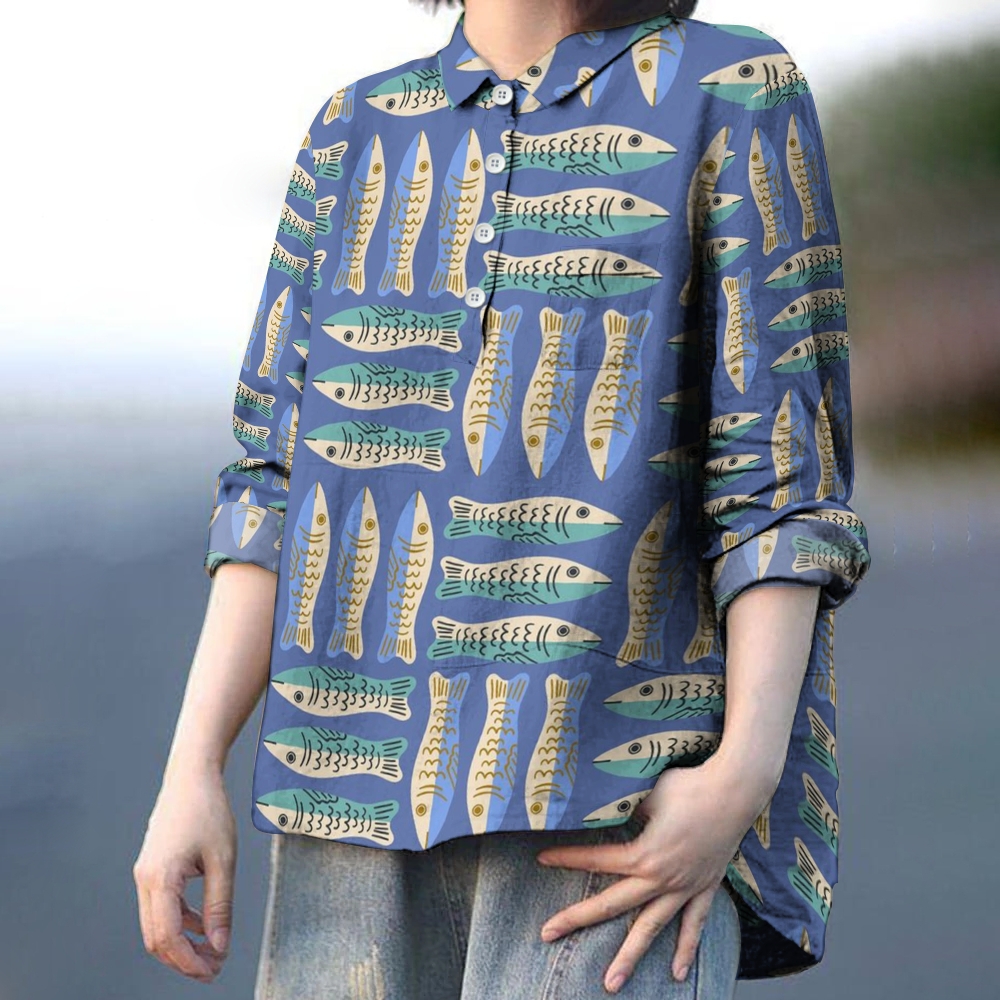 Women's Sardines Printed Casual Long Sleeve Shirt