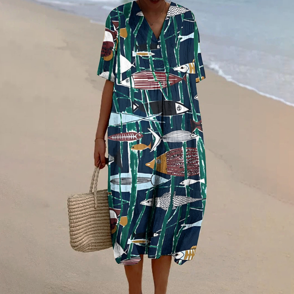 Women's Seaweed Colorful Fish Printed Flowy Dress