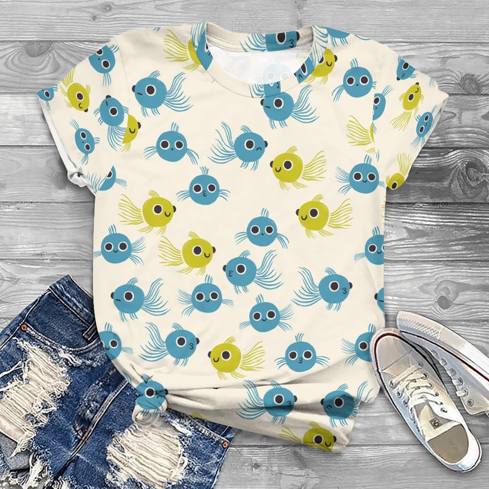 Women's Cartoon Fish Printed Round Neck T-Shirt