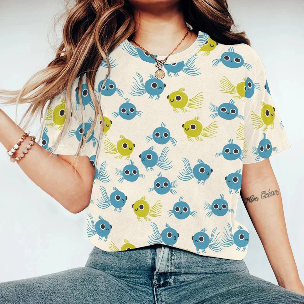 Women's Cartoon Fish Printed Round Neck T-Shirt