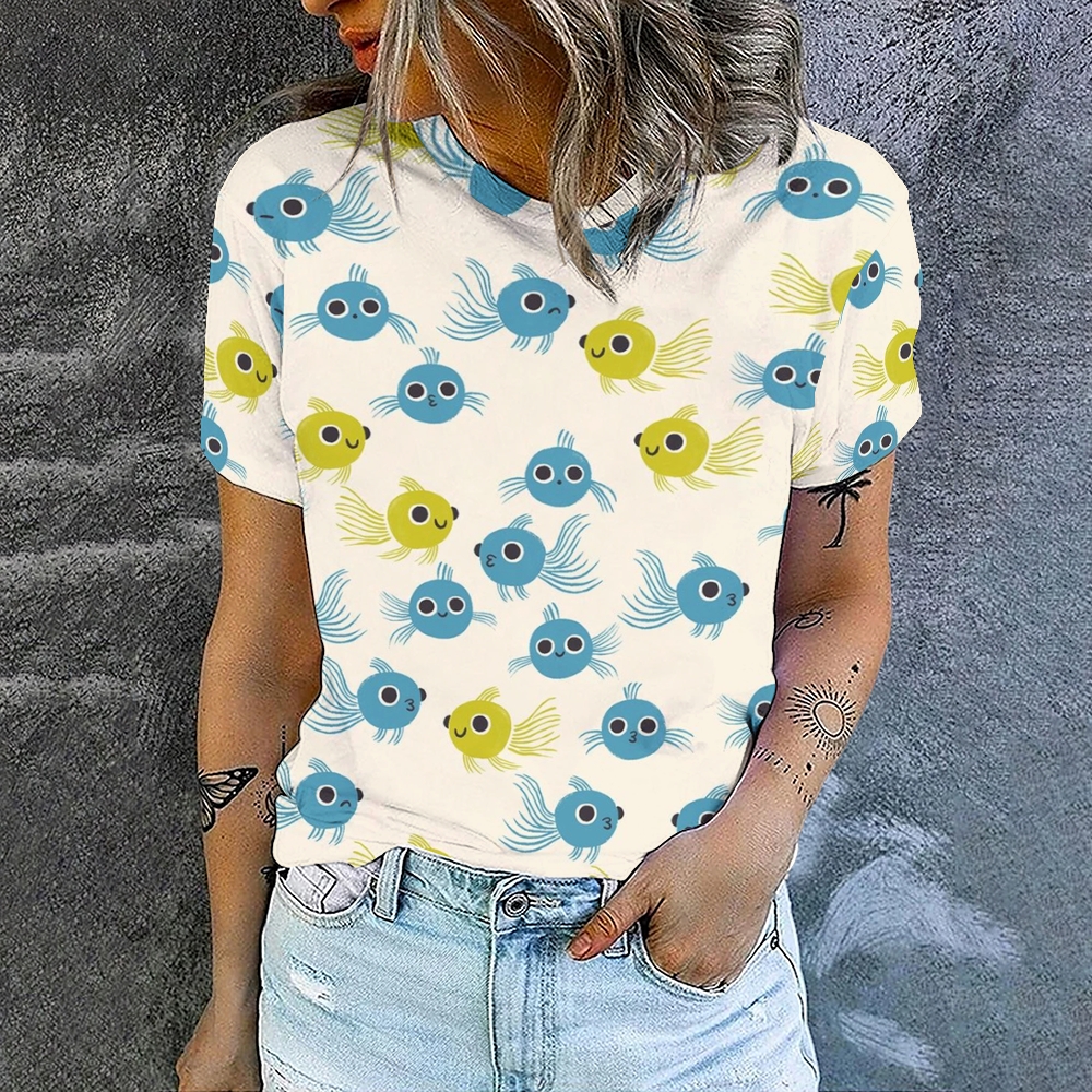 Women's Cartoon Fish Printed Round Neck T-Shirt