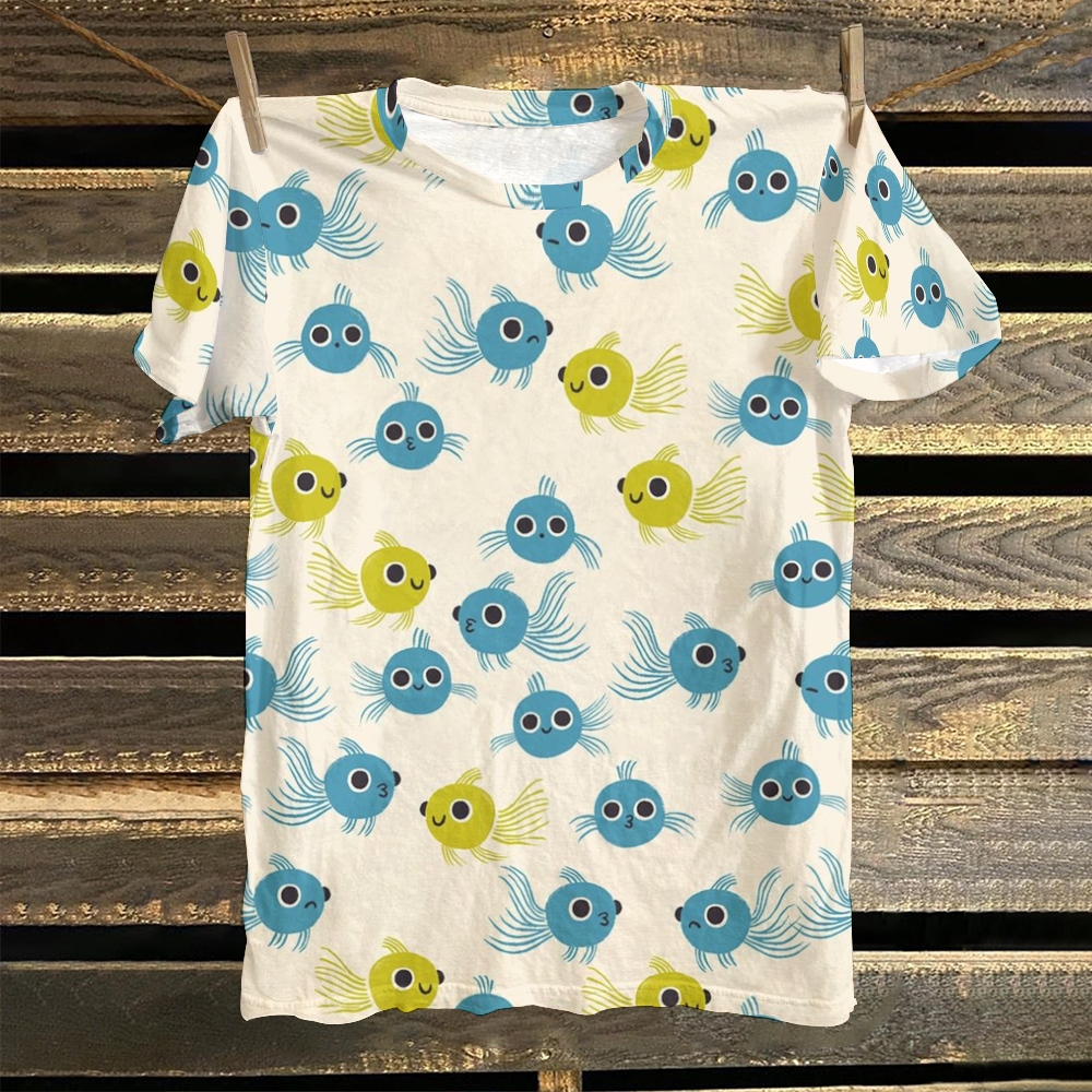 Women's Cartoon Fish Printed Round Neck T-Shirt