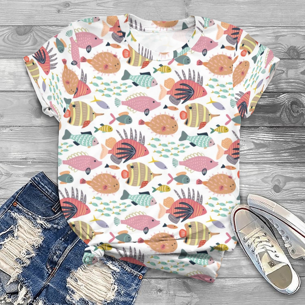 Women's Colorful Fish Printed Round Neck T-Shirt