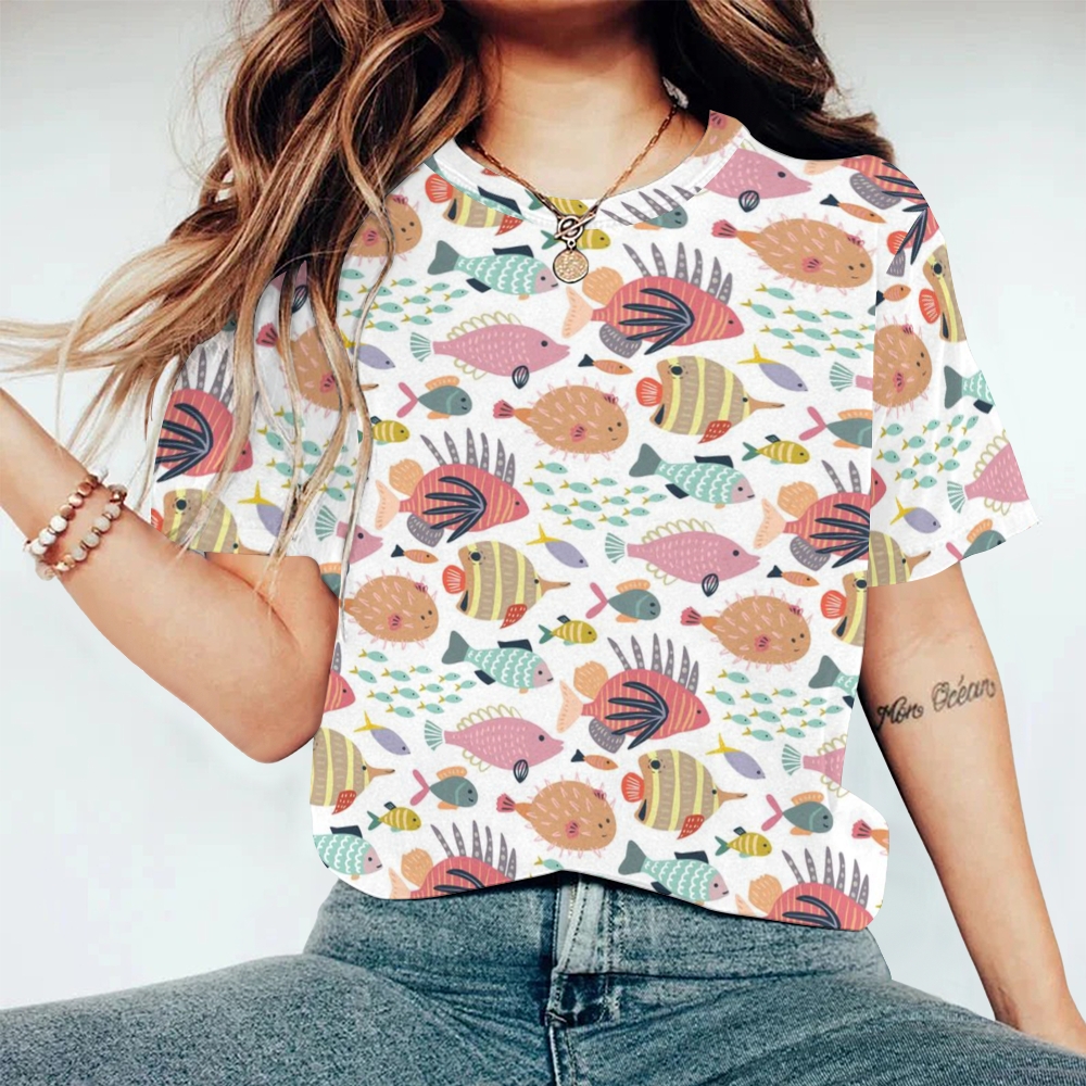 Women's Colorful Fish Printed Round Neck T-Shirt