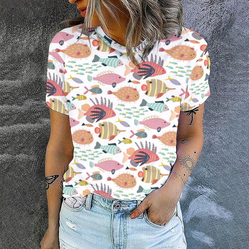 Women's Colorful Fish Printed Round Neck T-Shirt