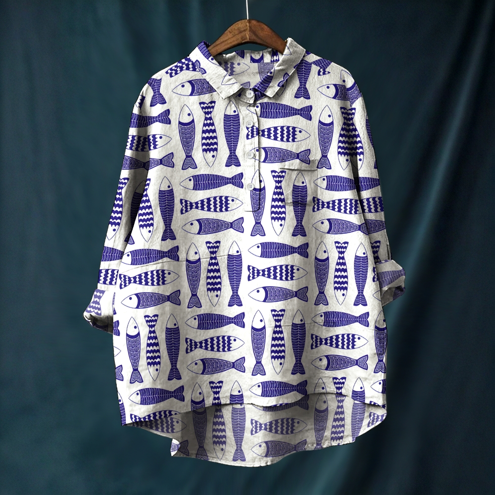Women's Vintage Fish Printed Casual Long Sleeve Shirt