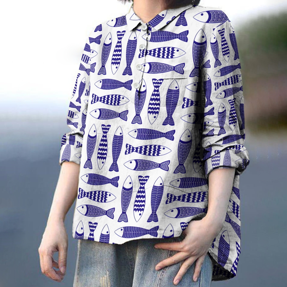 Women's Vintage Fish Printed Casual Long Sleeve Shirt