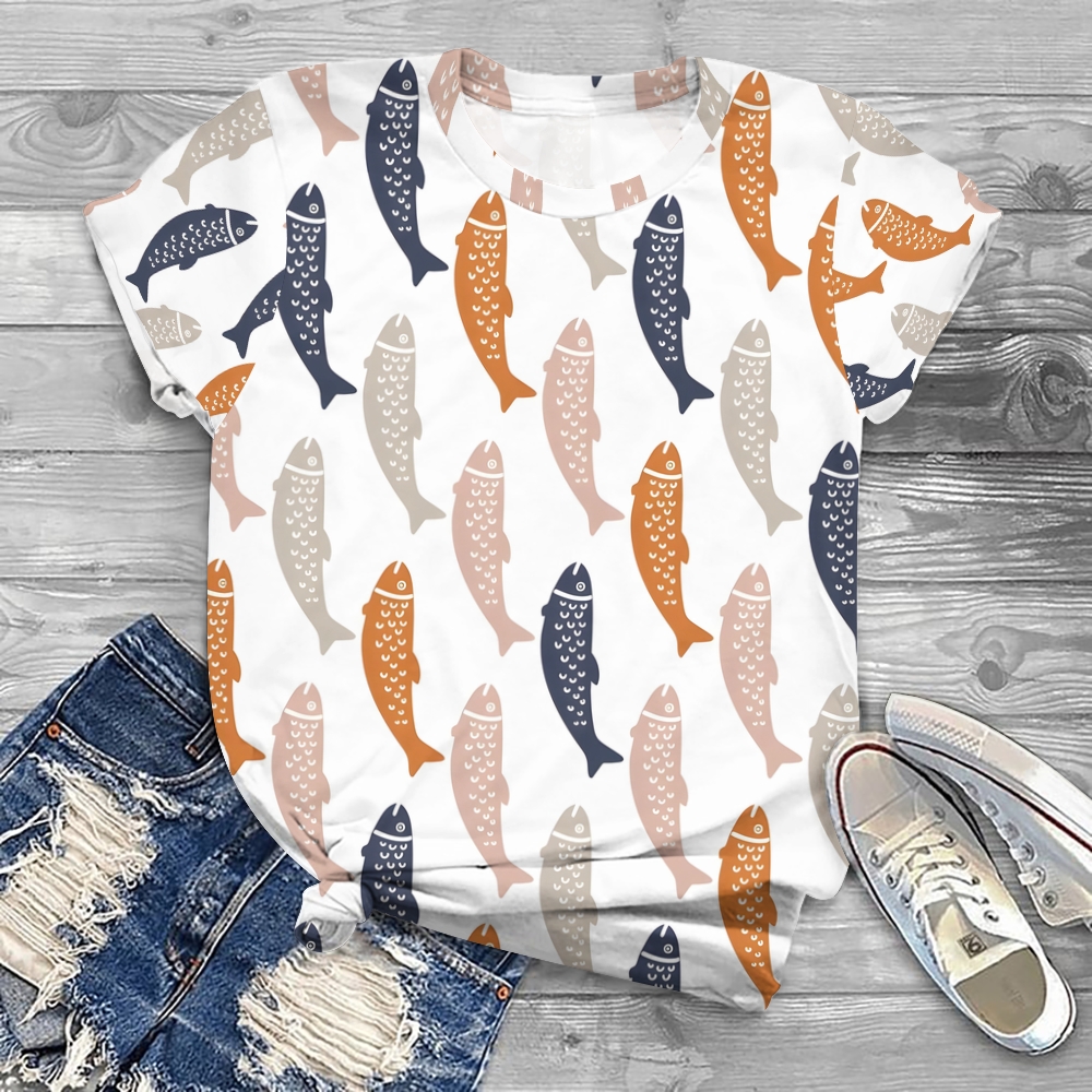 Women's Vintage Fish Printed Round Neck T-Shirt