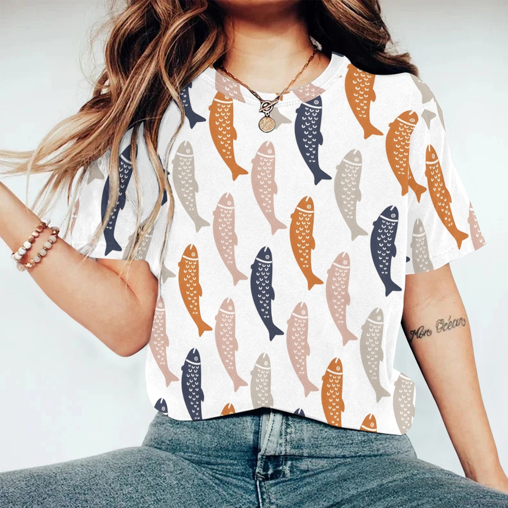 Women's Vintage Fish Printed Round Neck T-Shirt