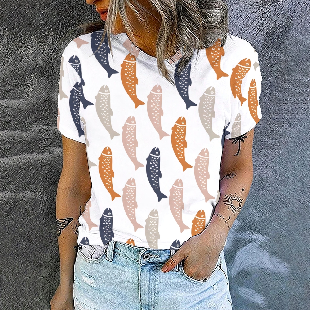 Women's Vintage Fish Printed Round Neck T-Shirt