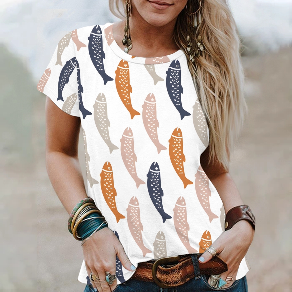 Women's Vintage Fish Printed Round Neck T-Shirt