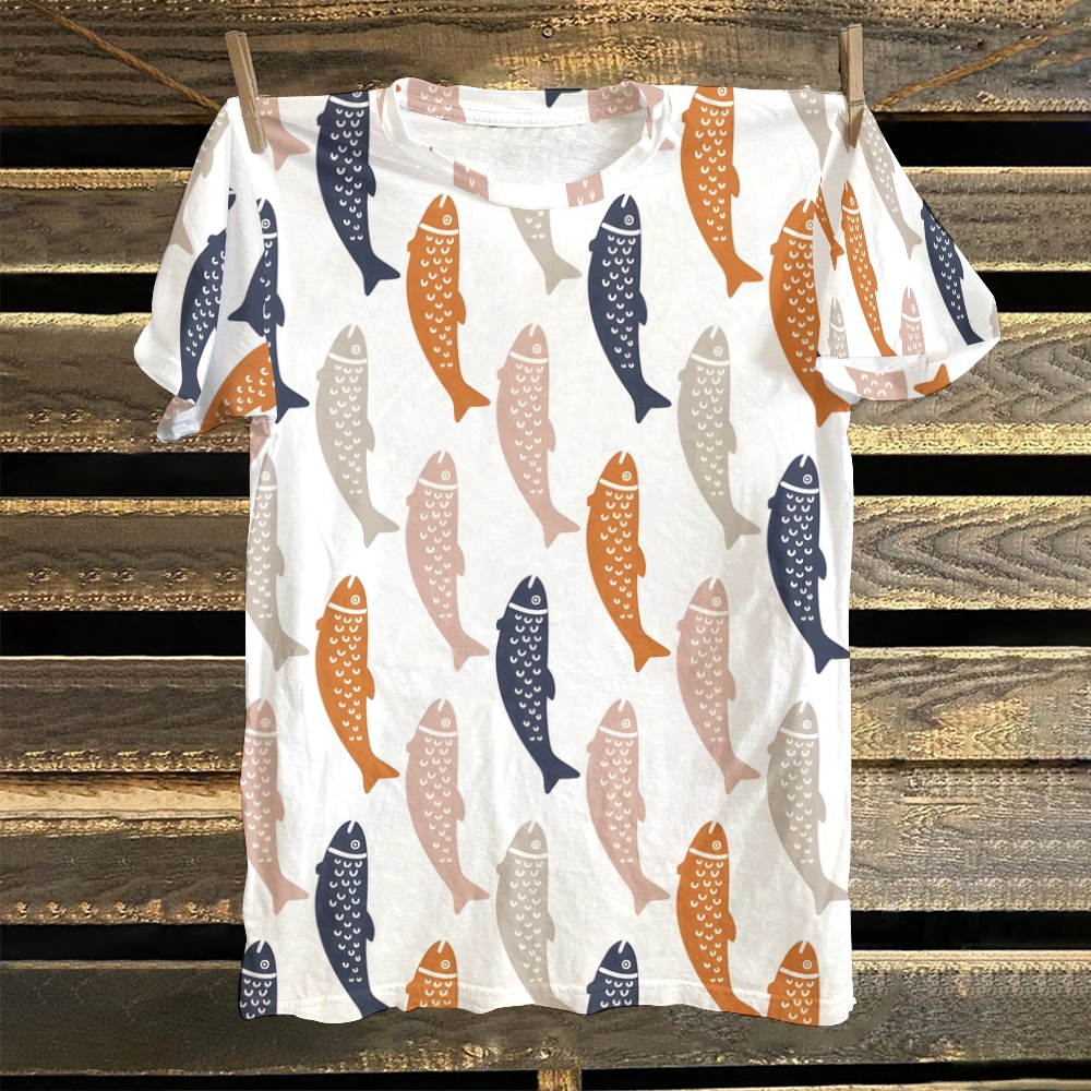 Women's Vintage Fish Printed Round Neck T-Shirt