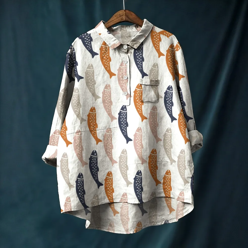 Women's Vintage Fish Printed Flowy Dress
