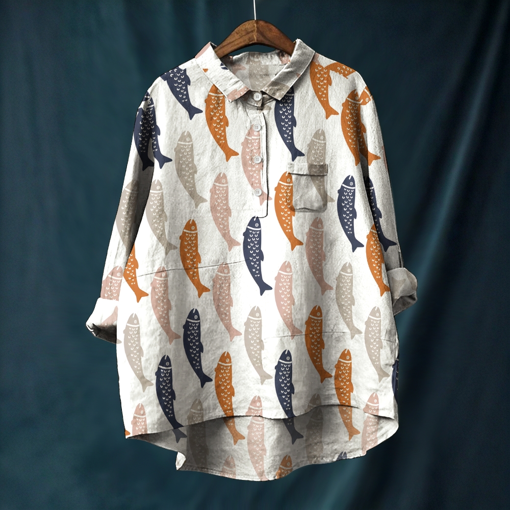 Women's Vintage Fish Printed Casual Long Sleeve Shirt