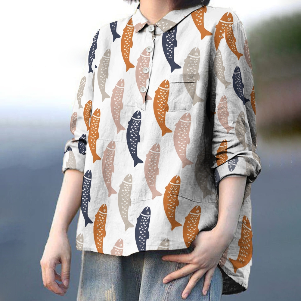 Women's Vintage Fish Printed Casual Long Sleeve Shirt