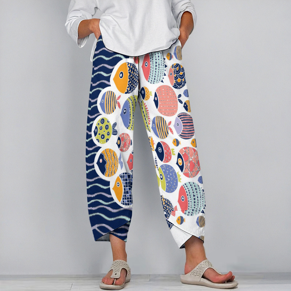 Women's Casual Waves Fish Printed Pants
