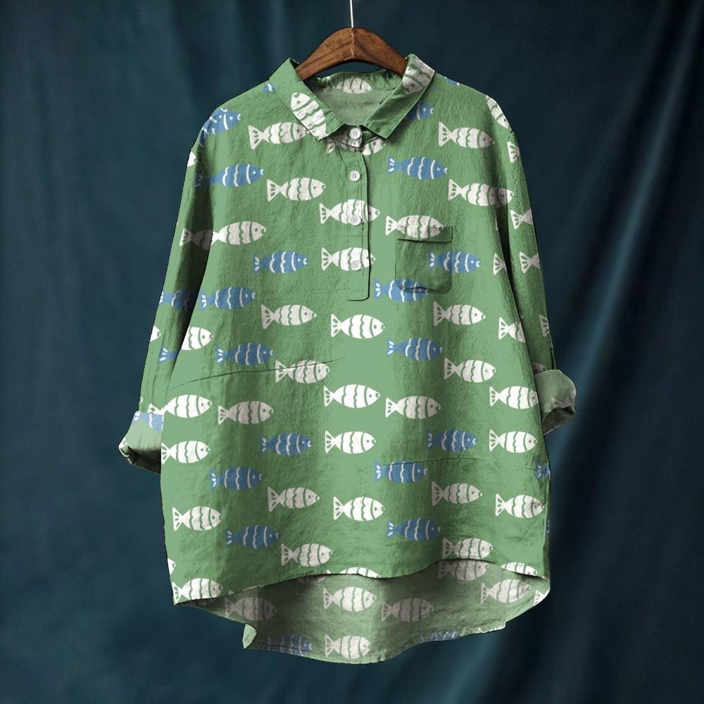 Women's Cartoon Fish Printed Casual Long Sleeve Shirt