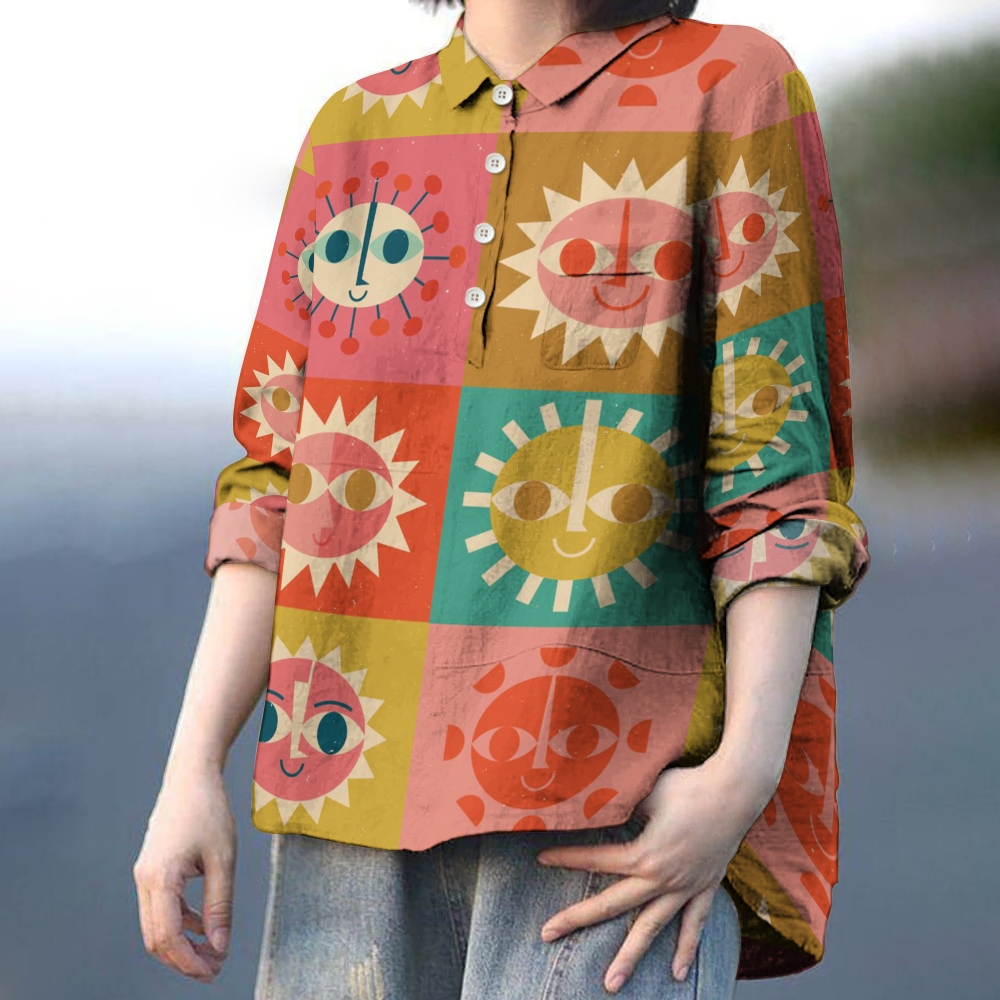 Women's Geometric Sun Face Printed Casual Long Sleeve Shirt