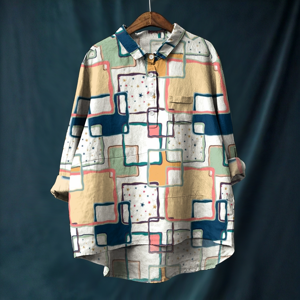 Women's Geometric Splicing Printed Casual Long Sleeve Shirt