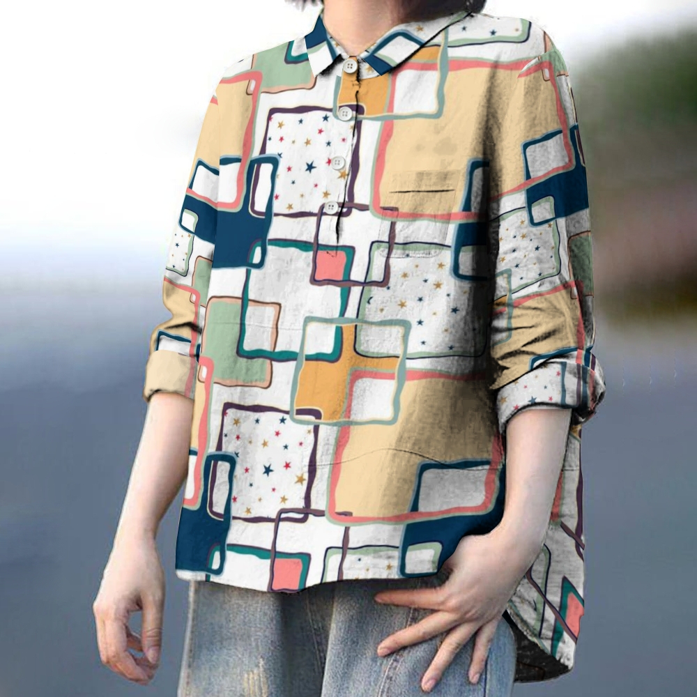 Women's Geometric Splicing Printed Casual Long Sleeve Shirt