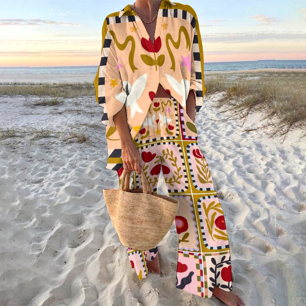 Women's Flower Printed Shirt & Pants Two-piece Set