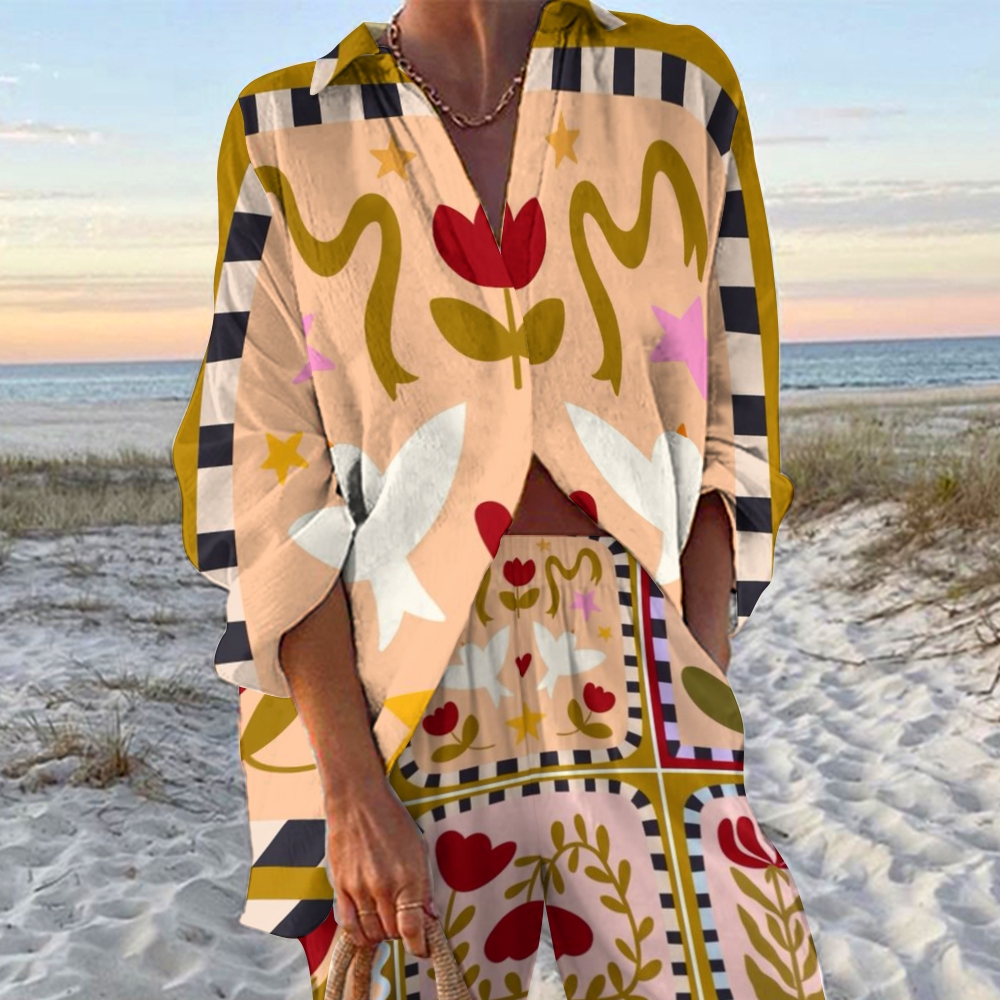 Women's Flower Printed Shirt & Pants Two-piece Set