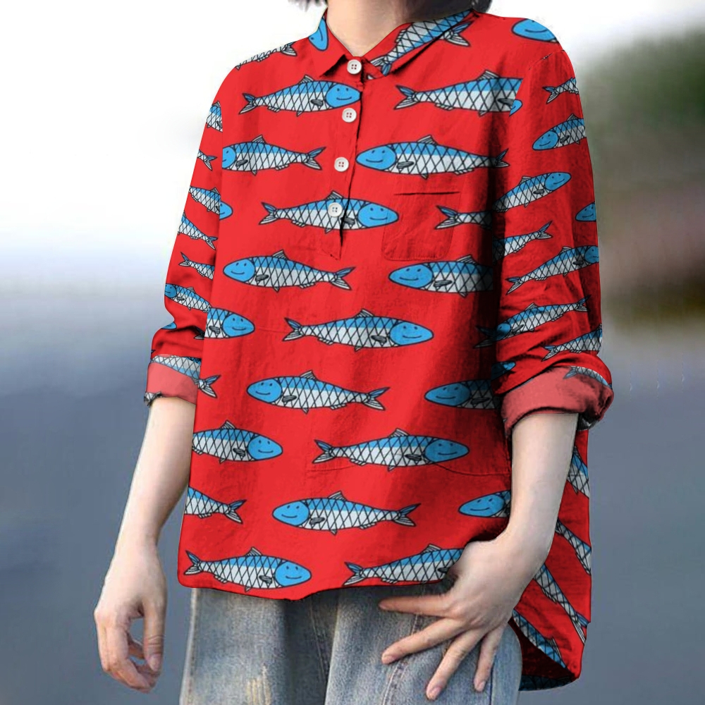 Women's Cartoon Sardine Printed Casual Long Sleeve Shirt