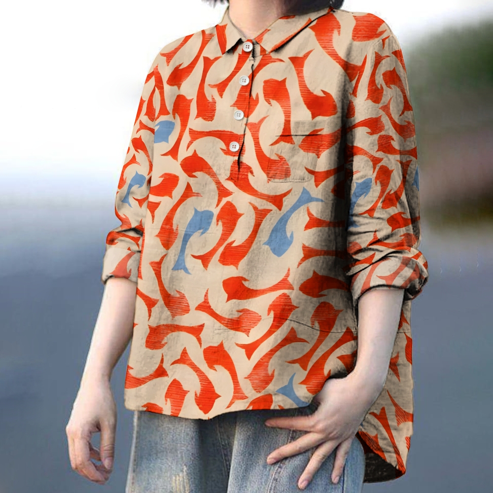 Women's Koi Printed Casual Long Sleeve Shirt