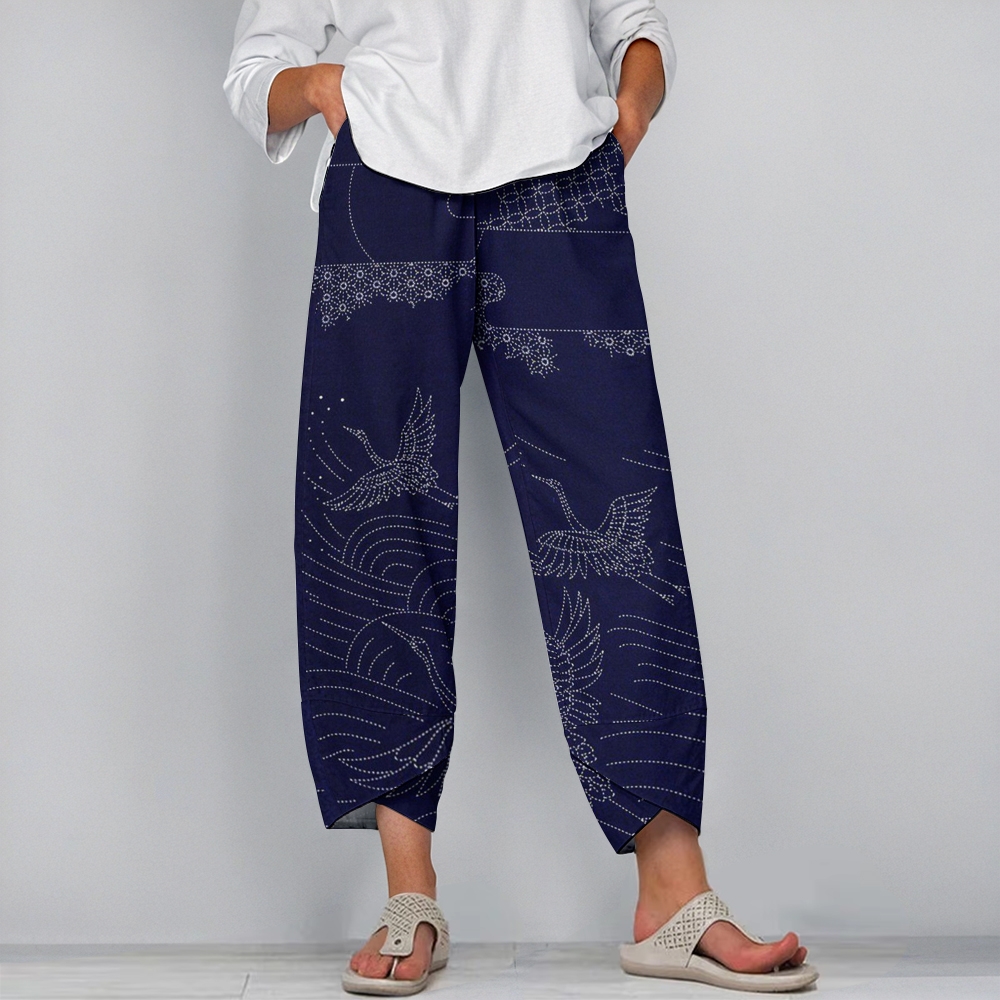 Women's Casual Japanese Wave Flying Crane Printed Pants